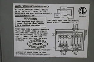 USED ESCO POWER 50 TRANSFER ES50M-65N AUTOMATIC TRANSFER SWITCH MOTORHOME PARTS FOR SALE