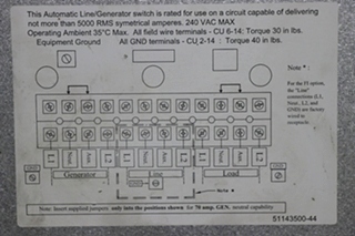 USED RV/MOTORHOME PARALLAX POWER COMPONENTS AUTO LINE/GEN SWITCH ATS 5070 FOR SALE