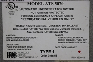 USED RV/MOTORHOME PARALLAX POWER COMPONENTS AUTO LINE/GEN SWITCH ATS 5070 FOR SALE